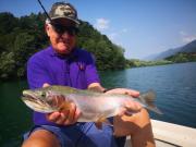 Eben, Otto and Andrew fly fishing Slovenia July, rainbow lake